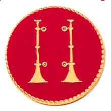 Blackinton Two Standing Bugles Red Background